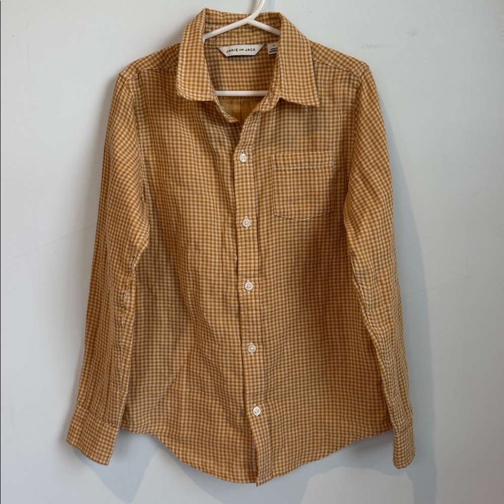 Janie and Jack Mustard Yellow and White Gingham Button Up Shirt Size 7